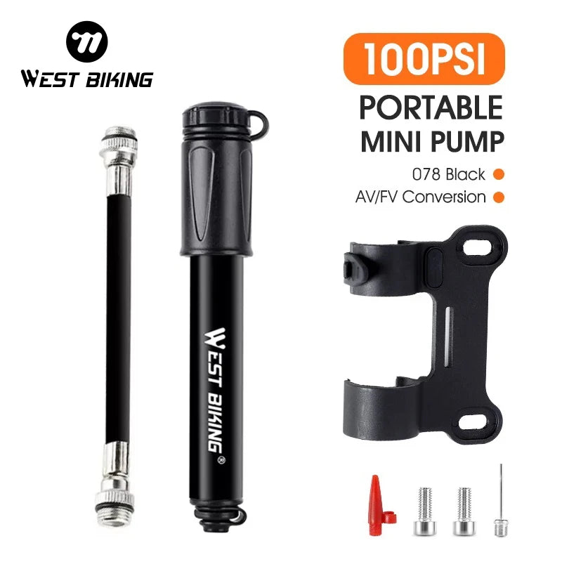 WEST BIKING Mini Bicycle Pump 100Psi Portable Schrader Presta Valve Inflator Aluminum Alloy MTB Road Cycling Tire Hand Air Pump