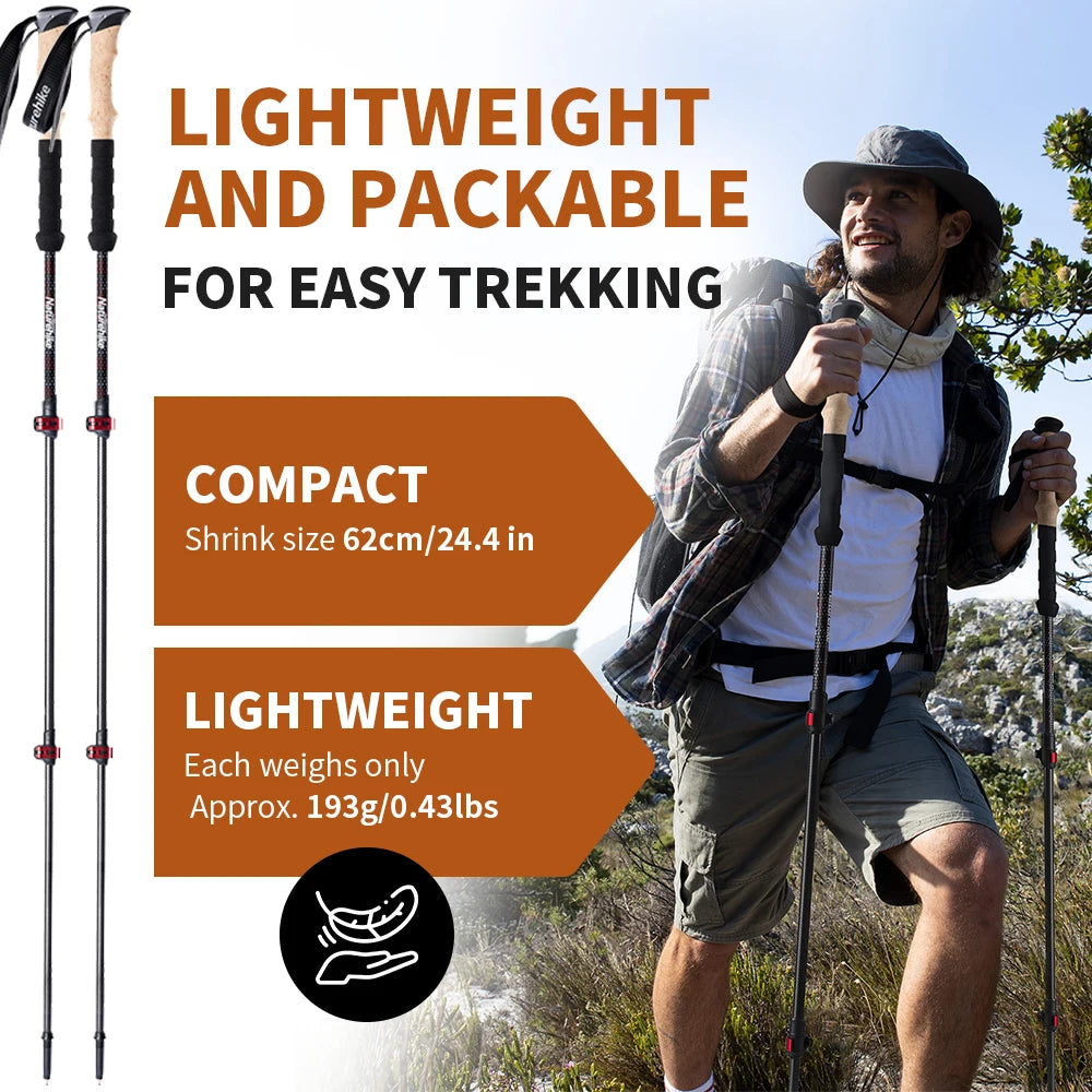 Naturehike Trekking Poles 2pcs Carbon Fiber Collapsible Telescopic Sticks Lightweight Walking Hiking Stick Climbing Stick