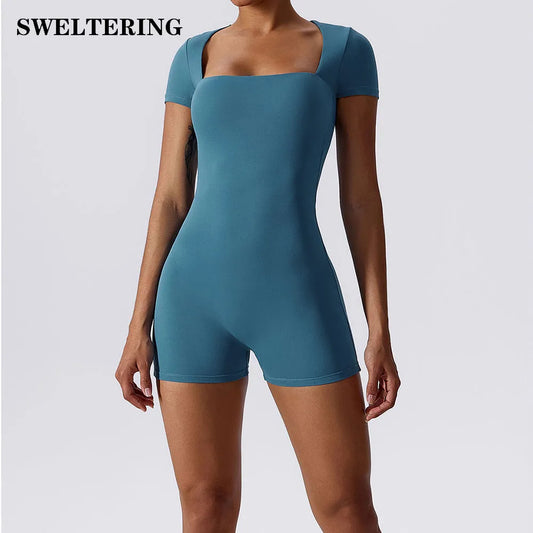 Summer Yoga Suit Women's Short One Piece Sports Suit Short Sleeve Gym Clothes Push Up Training Fitness Yoga Bodysuit Sportswear