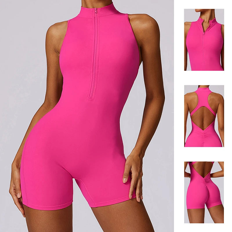 New V Back Scrunch Sports Jumpsuit Women Gym Rompers Sleeveless Sportswear Bodysuits Women Zipper One-Piece Suit Yoga Clothing